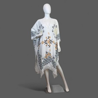 Bloomchic White Geometric Floral Kaftan Dress Fringe Trim Plus Size 22-24 US
