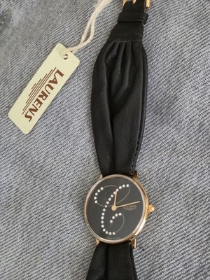 LAURENS Swiss Quartz Vintage Uhr NOS Kristalle schwarzes Zifferblatt 33mm Armband