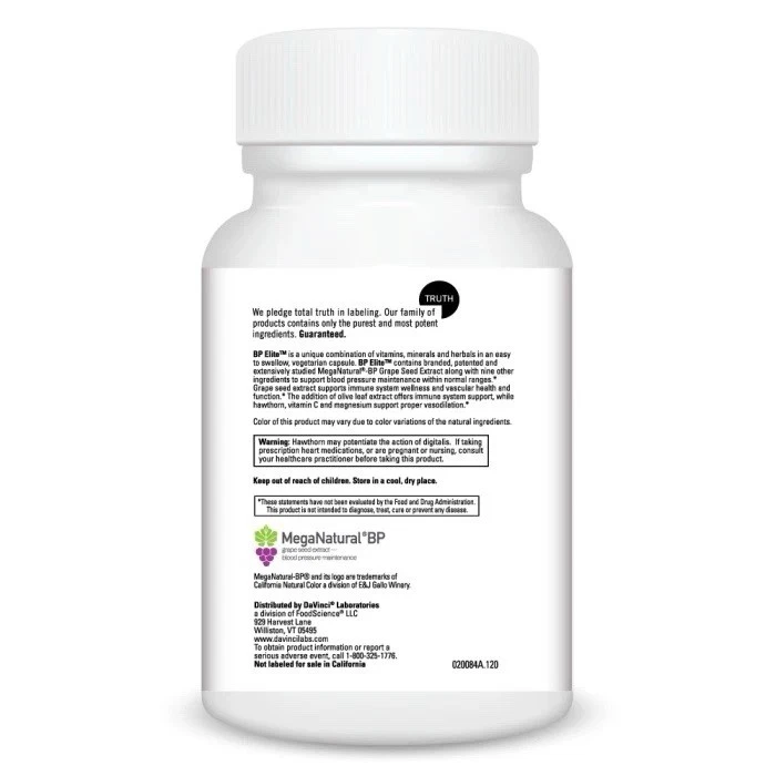 DAVINCI Labs BP Elite suplemento de presión arterial 120 cápsulas vegetarianas Foto 3 de 3