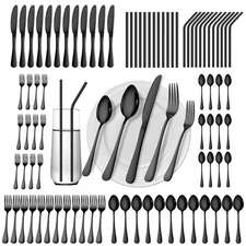 84 Pieces Black Silverware Set Service for 12 Flatware Set with Straws Stainl...