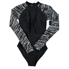 Reebok Small Swimsuit One-Piece Long Sleeves Padded High-Neck Lined Black New