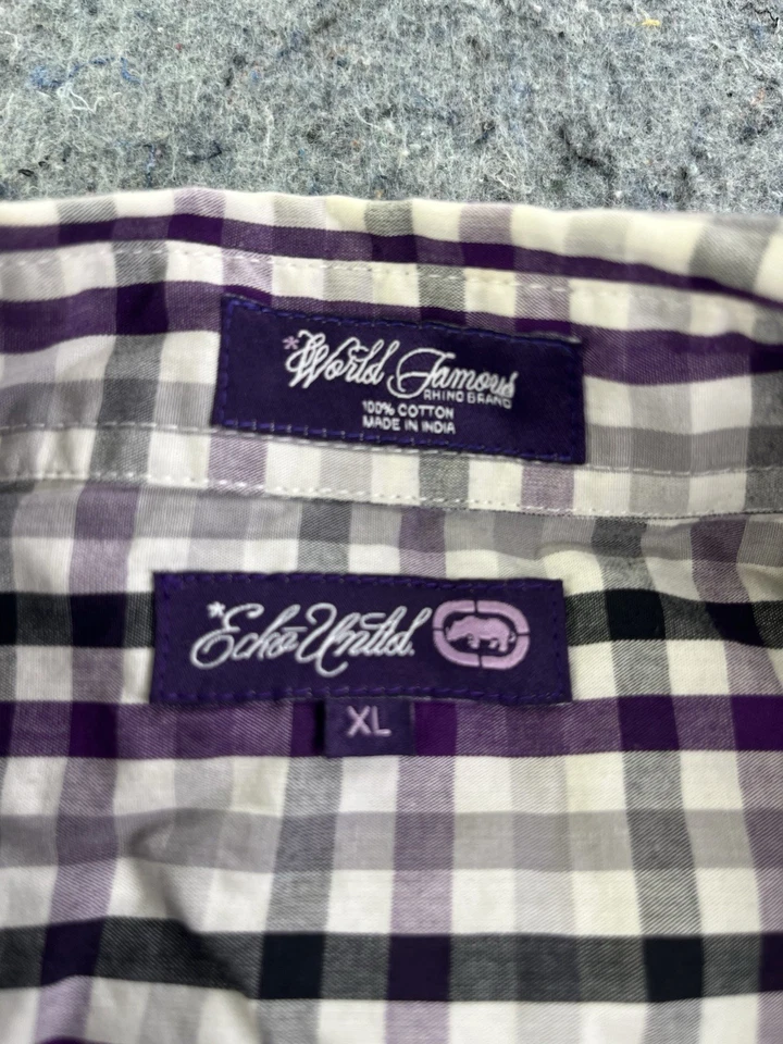 Ecko Unltd Plaid Button Up Shirt XL Purple Black White Short Sleeve - Image 2 of 4