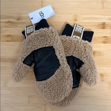 UGG Size S/M Small Medium Brown Mittens with Logo Tape NEW NWT Fluffy Gloves