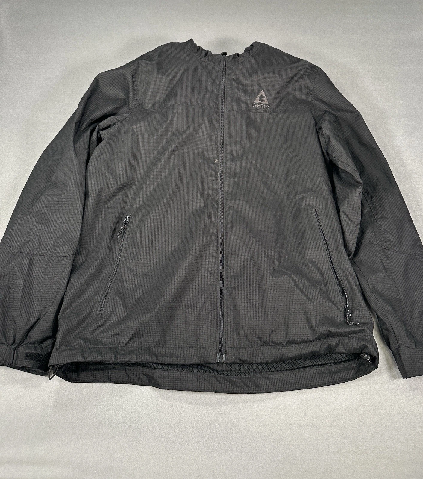 Gerry Mens Hooded Windbreaker Jacket Black Ripstop Mesh Lined Full Zip Large