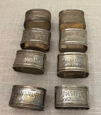 8 Vintage Silver Plate Napkin Rings French Monsieur