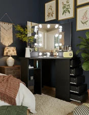 5 Drawers Vanity Desk with Tri-fold LED Lighted Mirror for Bedroom Makeup Dress