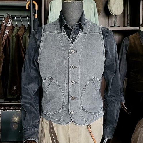 Men's Work Vest Vintage Casual Jacket Slim Waistcoat Cotton Coat Top Gray - Picture 3 of 11