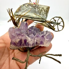 VTG 1972 William Hanzelka Signed Amethyst Geode Brass Tree Wheelbarrow Art