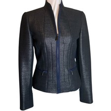 Elie Tahari Wool Blend Jacket Blazer Size 2 Navy Shimmer Tweed Career Business