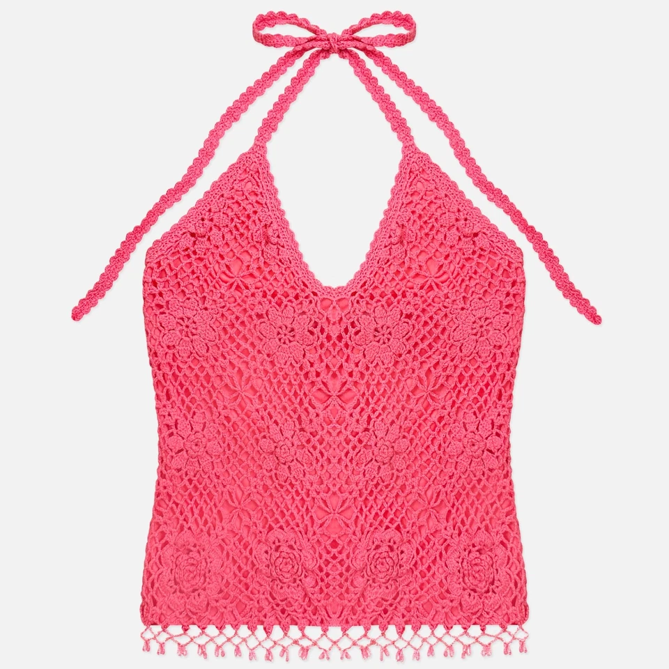 Винтажный 90-х розовый цветочный розовый хлопок крючком бисером бахрома вечеринки клуб с бретелью через шею верх - Изображение 3 из 4