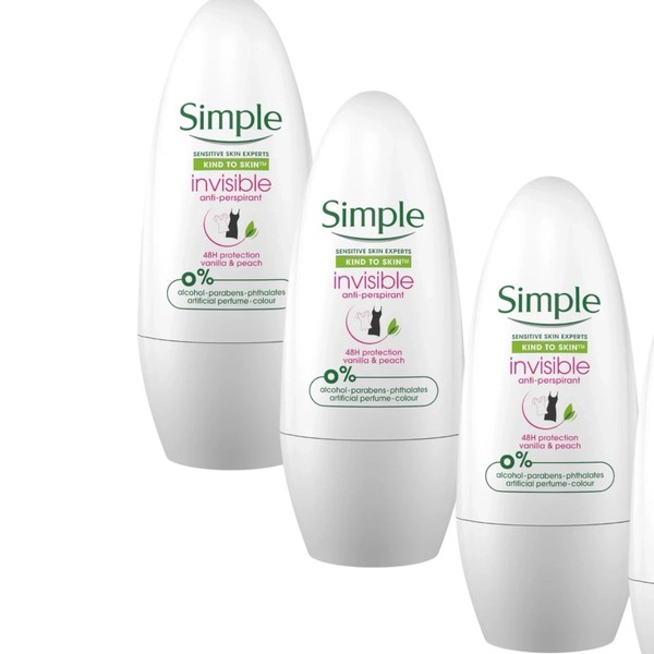 3 x Desodorante Antitranspirante Simple INVISIBLE 48 horas Protección Roll On - 45 ml