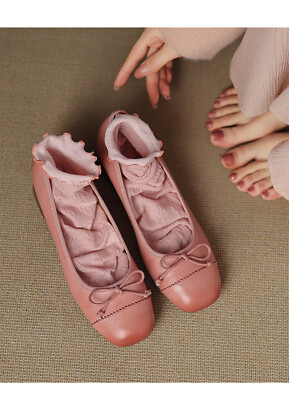 Ladies Leather French Mary Jane Retro Middle Heel Bow Shallow Mouth Ballet Shoes
