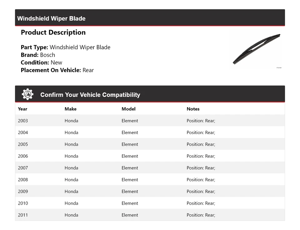 Limpiaparabrisas trasero para Honda Element Bosch 2003-2011 2004 2005 2006 Foto 2 de 4