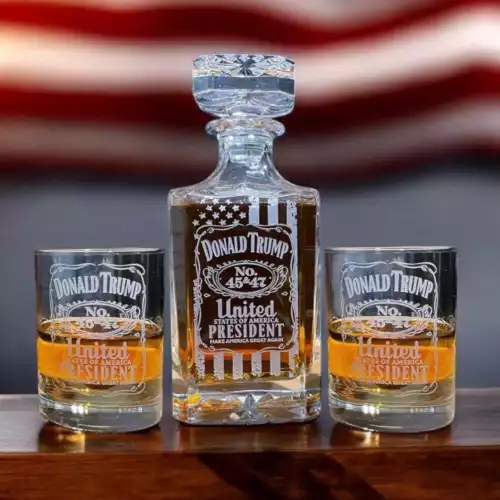 Trump Old No. 45/47 Deep Engraved Whiskey Decanter Set – 3pc or Glass / Glasses