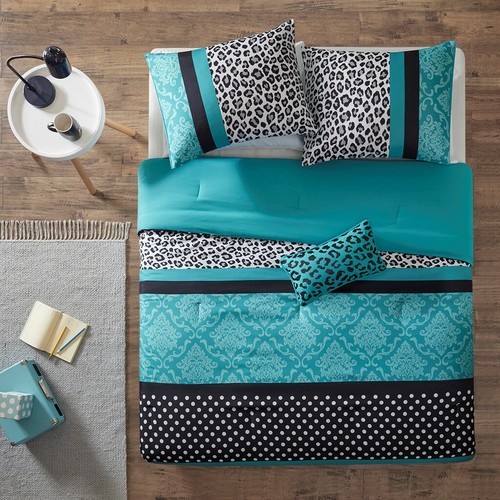 TEAL LEOPARD PRINT 4pc King COMFORTER SET : ANIMAL BLACK POLKA DOT GREEN DAMASK - Picture 6 of 7