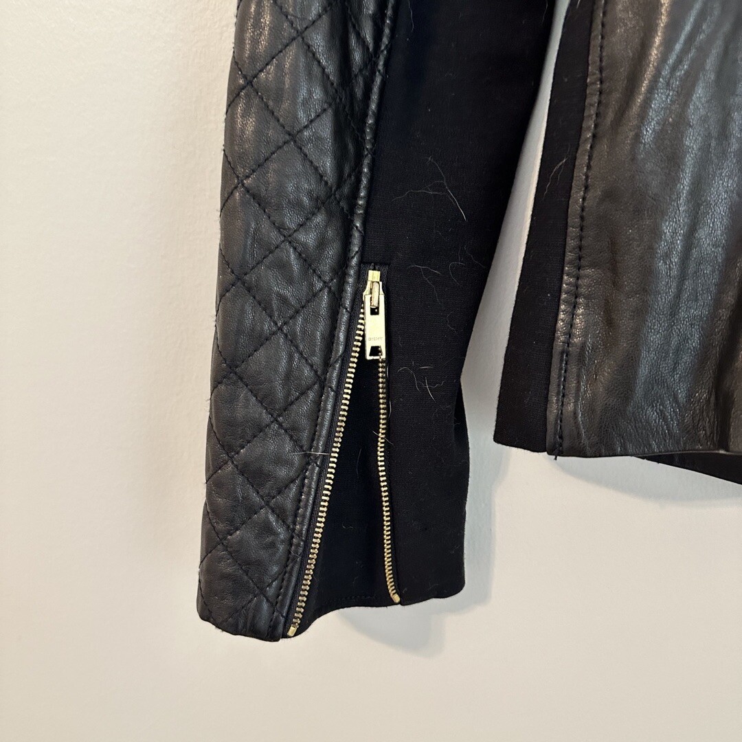 DKNY Moto black leather jacket gold accent zippers sm… Gem