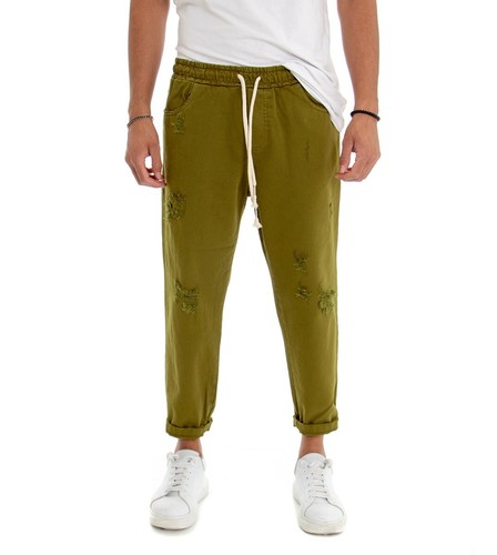 Pantalone Uomo Jeans Tinta Unita Verde Oliva Rotture Elastico Coulisse  GIOSAL | eBay