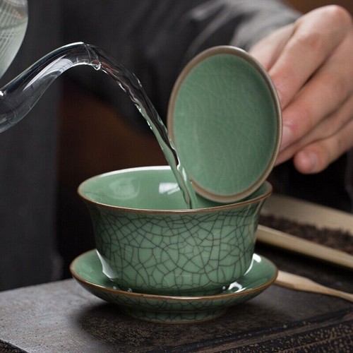 True Longquan Seladon Porzellan Gaiwan Keramik Terrine Tasse Untertasse Deckel Einfarbig - Bild 4 von 29