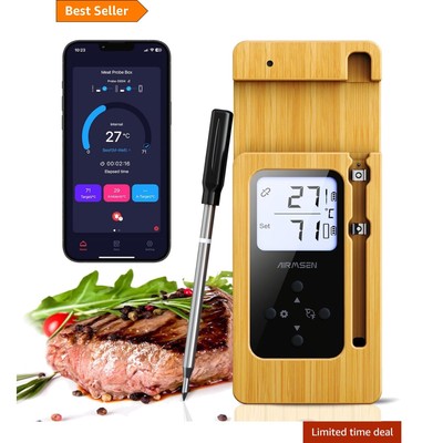AIRMSEN Wireless Meat Thermometer: 240h Akkulaufzeit & Magnetische Bambusbasis