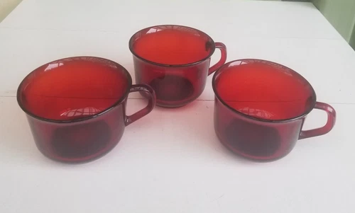 VINTAGE ARCOROC France Deep Ruby Red Glass Tea/Coffee Cup 1960s Set Of 3 MCM 