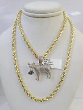 10k Solid Rope Chain Goat Charm Diamond Set 4mm 20"-28" Necklace Gold Yellow