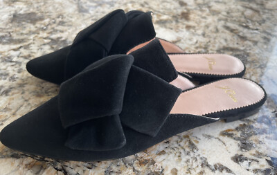Faux Suede Bow Mules Vegan Black Flat Shoes Size