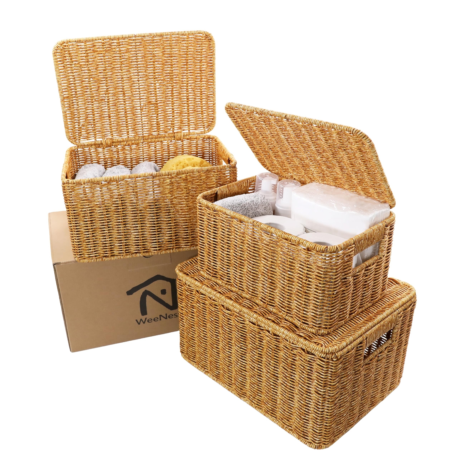 Baskets with Lids, Wicker Storage Baskets with Lids, Shelf Baskets for Organi...