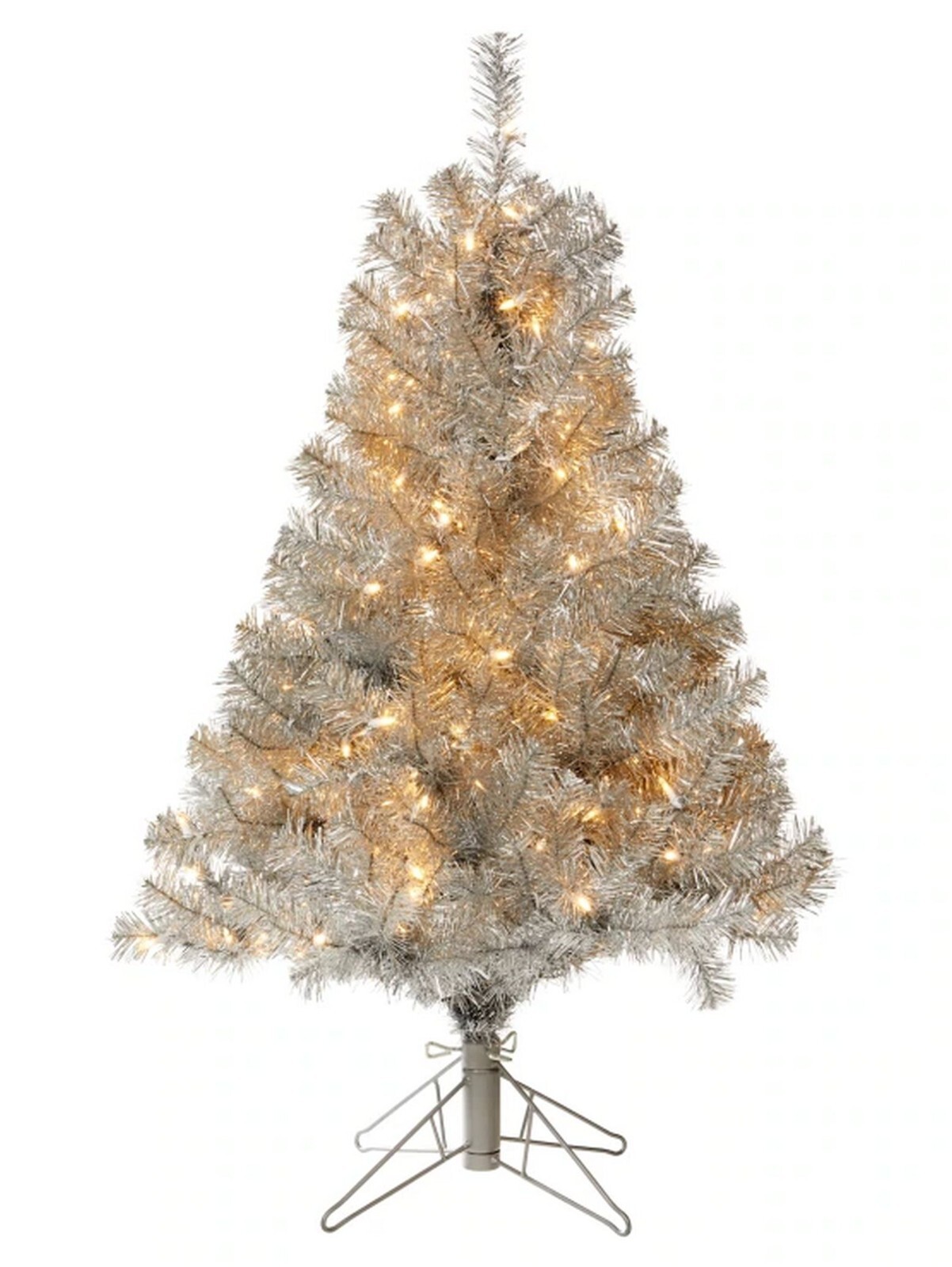 Silver Tinsel PreLit Artificial Christmas Tree. 4 Foot Tree, 150 warm