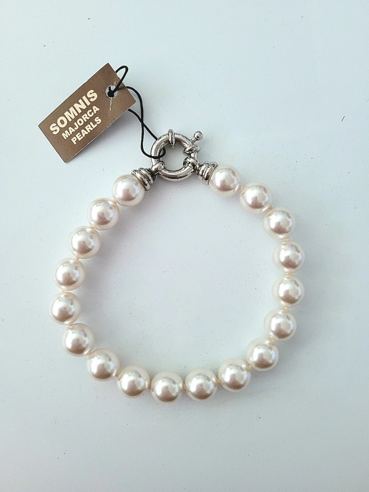 Orig. Mallorca Muschelkern Perlen 10mm  Armband, Weiss  21 cm  Neu