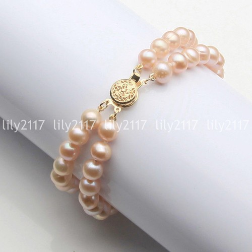 2 Rows Genuine Natural Freshwater Akoya Pearl Beads Bracelet 7.5" 6-7/7-8/8-9mm - Picture 4 of 12