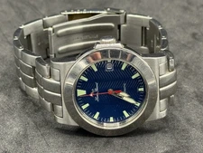 Vintage Lucien Piccard Mens Watch Date Automatic Blue Dial Missing Crystal