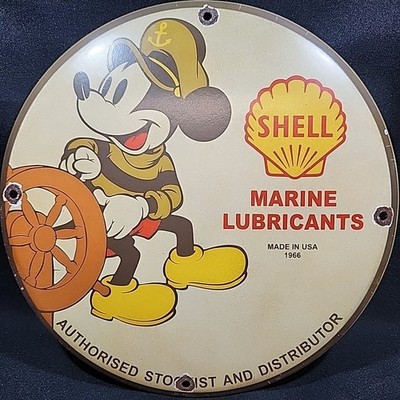 Vintage Mickey Mouse Shell Marine Lubricants 12 Inch Porcelain Sign Gas Station
