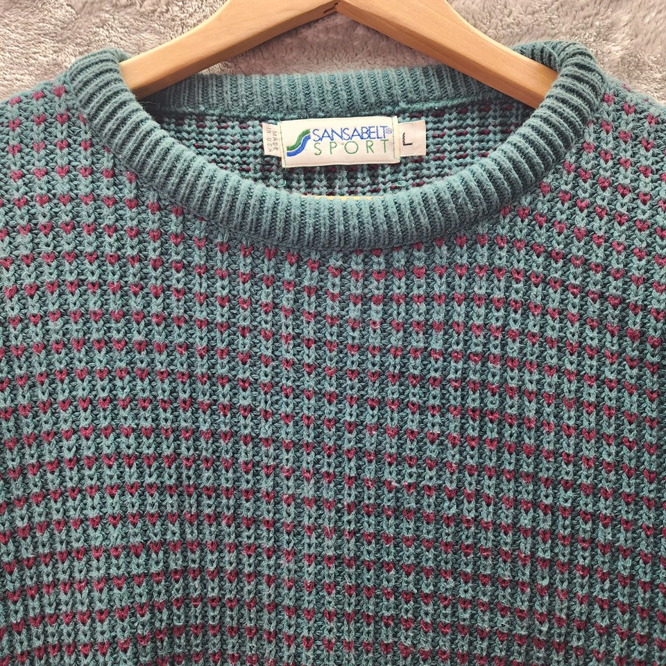 Suéter esportivo Sansabelt feito nos EUA L azul-petróleo malha vintage anos 90 gola redonda - Imagem 3 de 4