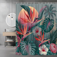 Tropical Floral Palm Leaves Shower Curtain, Pink Green Botanical Print
