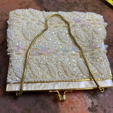 Vtg White Seed Pearl Beads  Iridescent Sequins Evening Clutch Purse Hong K