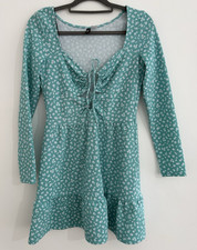H&M Green & White Floral Fit & Flare Short Dress Square Neck Long Sleeve M