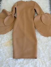 Ladies Beige Midi Dress With Petal Sleeve Detail
