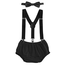 Baby Boys Cake Smash Clothes Diaper Suspenders Pants Bow Tie 3PCS Set First
