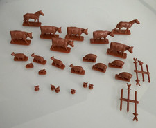 Vintage MIniature Farm animal Lot Brown Plastic Cows Pigs Sheep Chicken Horses