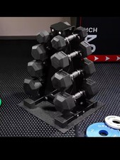 Juego de mancuernas hexagonales recubiertas de goma con soporte de marco en A (pares) peso fitness rizo