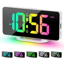 Digital Alarm Clock LED 10 Color Changing Night Light USB Port Desk White