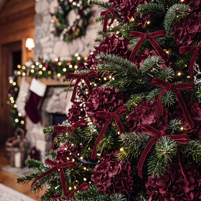 36 Pcs Burgundy Christmas Ornaments Hydrangea with Velvet Bows | Silk Hydrangea