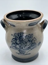 Vintage Rowe Pottery Salt Glazed Stoneware Handled Crock Vase Extra Cobalt 1989