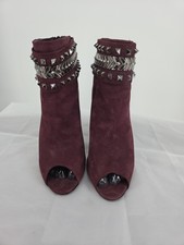 Schutz Studded Suede Booties 8.5B Burgundy Silver Peep-toe Ankle Made In USA