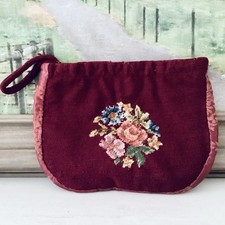 Vtg Floral Needlepoint Clutch Wristlet Purse Handbag Burgundy 12x10  No Zipper