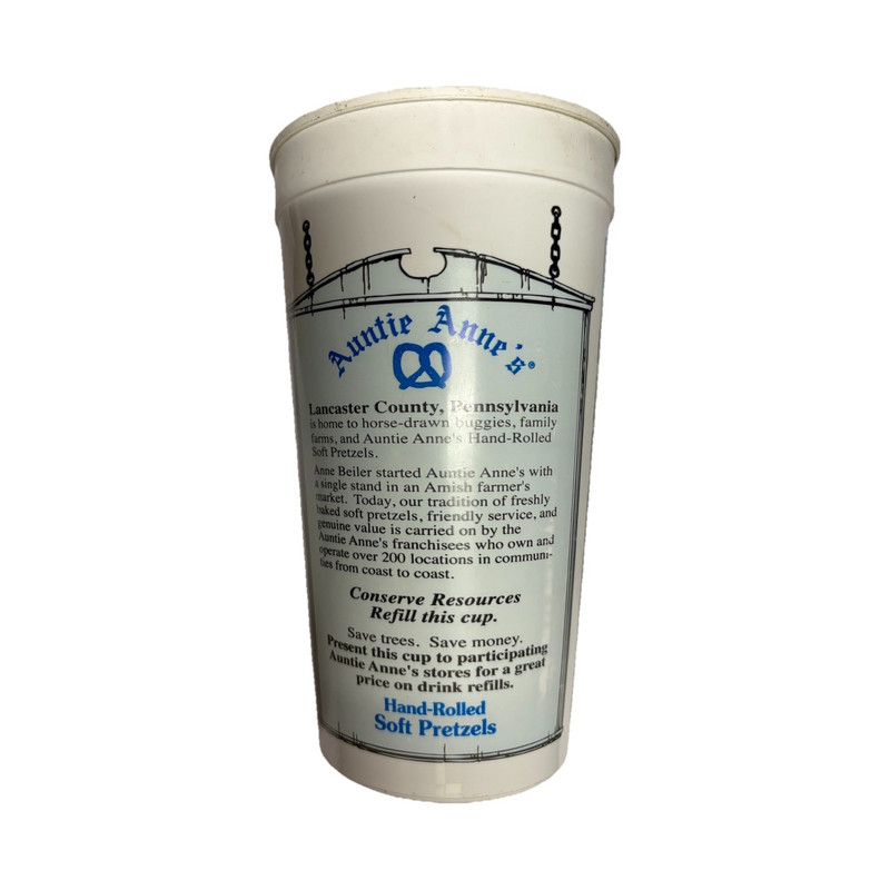 Auntie Anne's 16 oz Reusable Plastic Travel Mug, White/Blue Lancaster PA