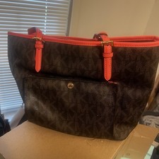 Michael Kors Logo Tote Bag Brown/Pink Zip Shoulder Strap Lined Inner Pockets