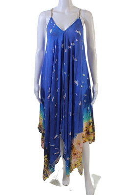 Koch Womens V-Neck Spahetti Straps Asymmetrical Hem Multicolor Midi Dress Size S