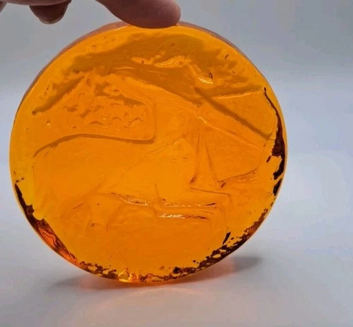 Vintage Blenko Art Glass Zodiac Paperweight- Sagittarius - Amber Glass -4 " Wide