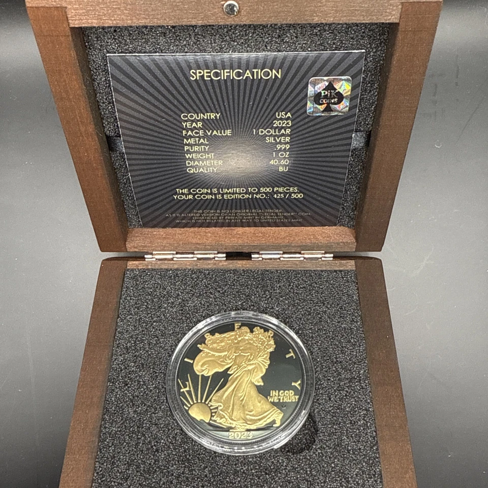 2023 Silver Eagle Black Platinum Gilded with 24k Gold 1 oz .999 Silver Coin /500 - Image 3 of 4